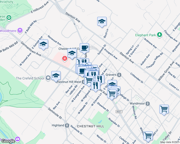 map of restaurants, bars, coffee shops, grocery stores, and more near 8616 Evergreen Place in Philadelphia