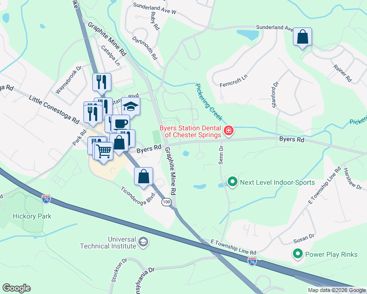 map of restaurants, bars, coffee shops, grocery stores, and more near 168 Byers Road in Chester Springs