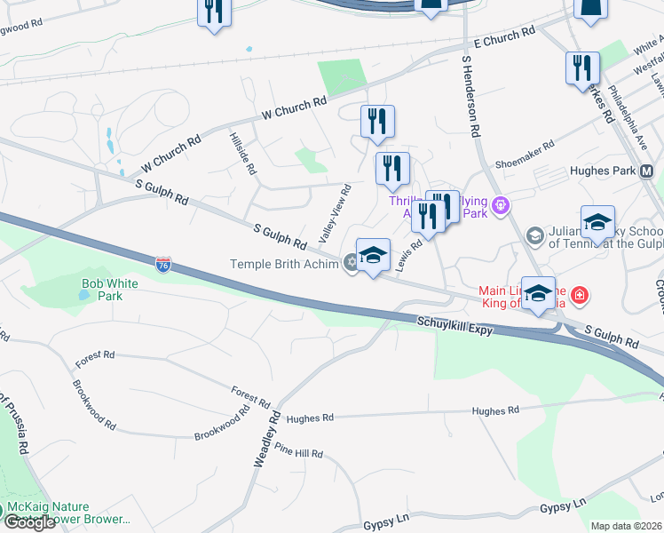 map of restaurants, bars, coffee shops, grocery stores, and more near 459 South Gulph Road in King of Prussia