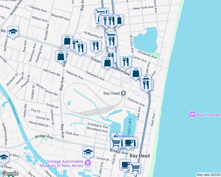 map of restaurants, bars, coffee shops, grocery stores, and more near 141 Osborn Avenue in Bay Head