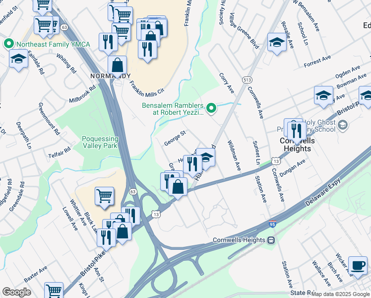 map of restaurants, bars, coffee shops, grocery stores, and more near 1141 Regina Avenue in Bensalem
