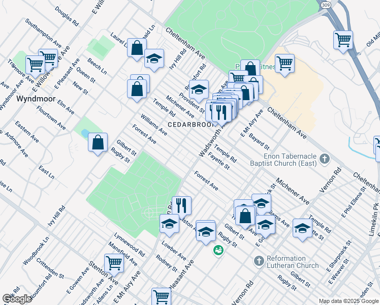 map of restaurants, bars, coffee shops, grocery stores, and more near 8422 Williams Avenue in Philadelphia