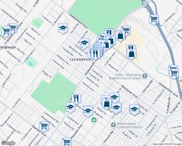 map of restaurants, bars, coffee shops, grocery stores, and more near 8302 Fayette Street in Philadelphia