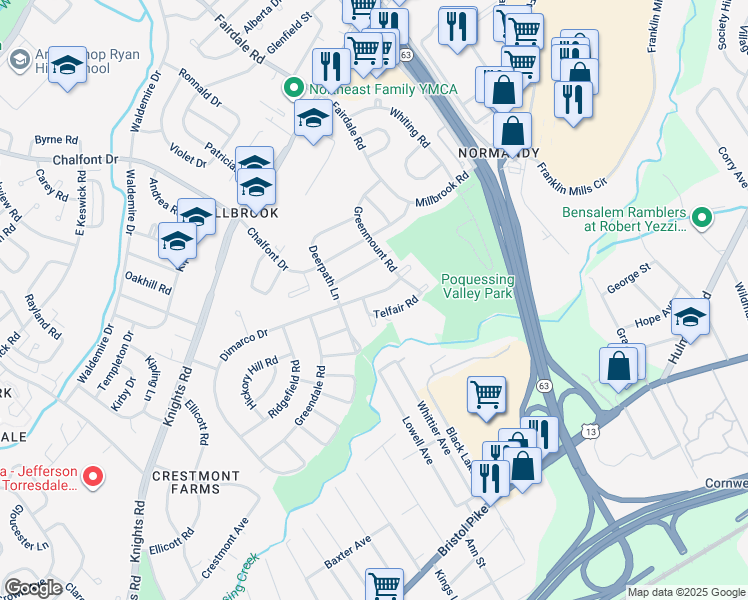 map of restaurants, bars, coffee shops, grocery stores, and more near 11721 Dimarco Drive in Philadelphia