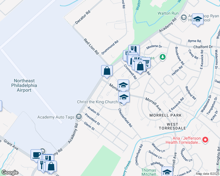map of restaurants, bars, coffee shops, grocery stores, and more near 10042 Westbourne Place in Philadelphia