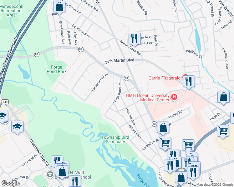 map of restaurants, bars, coffee shops, grocery stores, and more near 1554 Forge Pond Road in Brick Township
