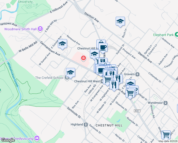 map of restaurants, bars, coffee shops, grocery stores, and more near 10 East Chestnut Hill Avenue in Philadelphia
