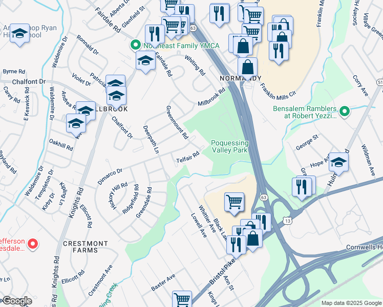 map of restaurants, bars, coffee shops, grocery stores, and more near 11728 Telfair Road in Philadelphia