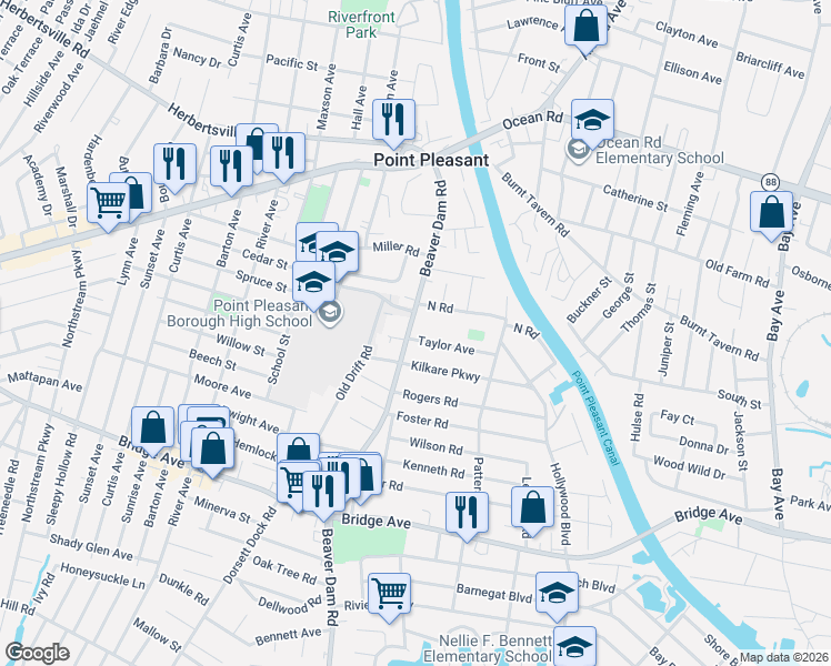 map of restaurants, bars, coffee shops, grocery stores, and more near 838 Beaver Dam Road in Point Pleasant
