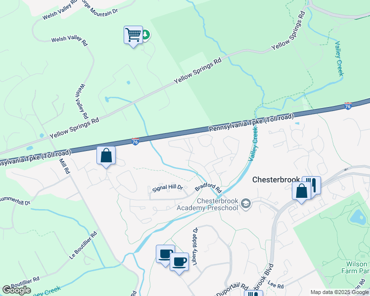 map of restaurants, bars, coffee shops, grocery stores, and more near 722 Washington Place in Chesterbrook