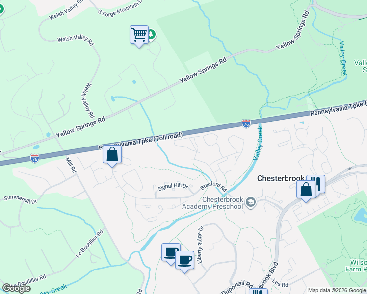 map of restaurants, bars, coffee shops, grocery stores, and more near 212 Washington Place in Chesterbrook