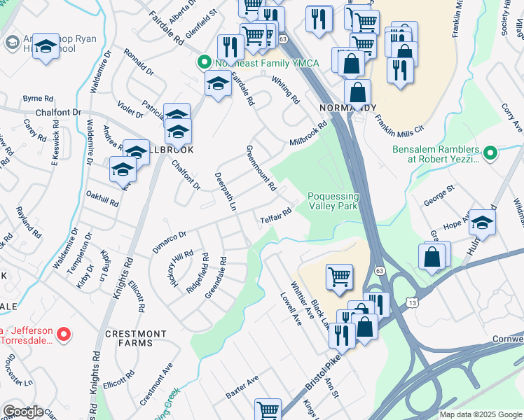 map of restaurants, bars, coffee shops, grocery stores, and more near 11721 Dimarco Drive in Philadelphia