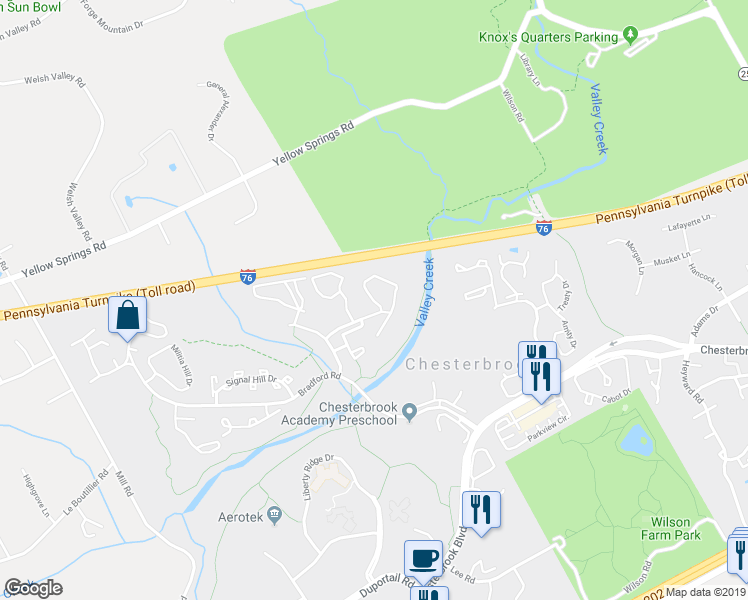 map of restaurants, bars, coffee shops, grocery stores, and more near 258 Valley Stream Lane in Wayne