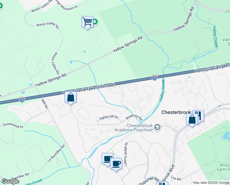 map of restaurants, bars, coffee shops, grocery stores, and more near 212 Washington Place in Chesterbrook