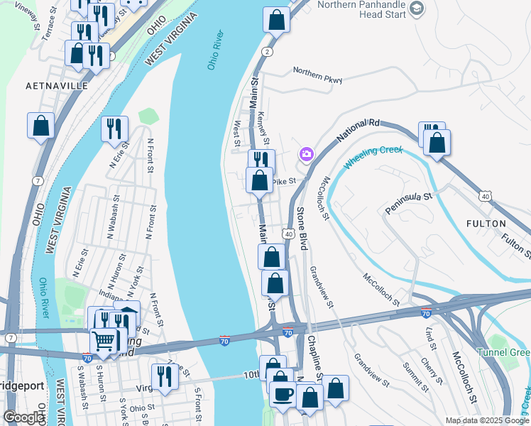 map of restaurants, bars, coffee shops, grocery stores, and more near 514 Main Street in Wheeling