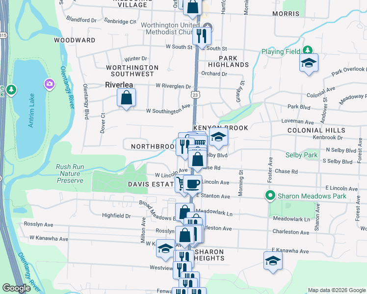 map of restaurants, bars, coffee shops, grocery stores, and more near 5701 North High Street in Worthington
