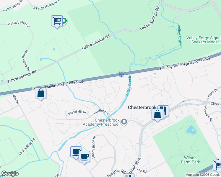map of restaurants, bars, coffee shops, grocery stores, and more near 276 Valley Stream Lane in Chesterbrook