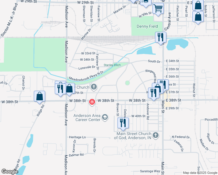 map of restaurants, bars, coffee shops, grocery stores, and more near 343 South Parkway Drive in Anderson