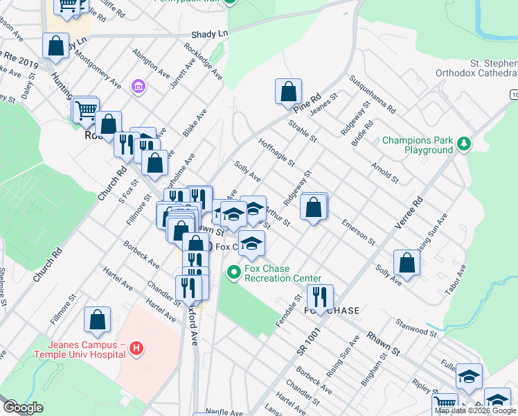 map of restaurants, bars, coffee shops, grocery stores, and more near 8116 Jeanes Street in Philadelphia