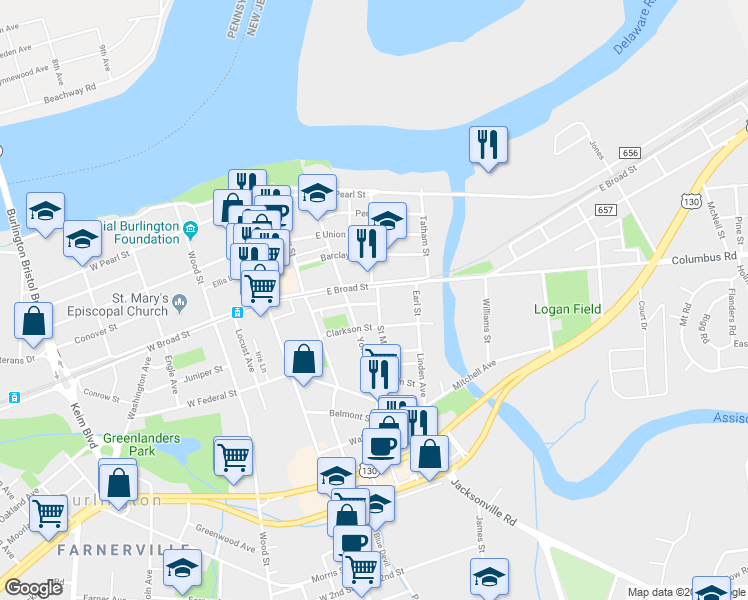 map of restaurants, bars, coffee shops, grocery stores, and more near 412 Saint Mary Street in Burlington