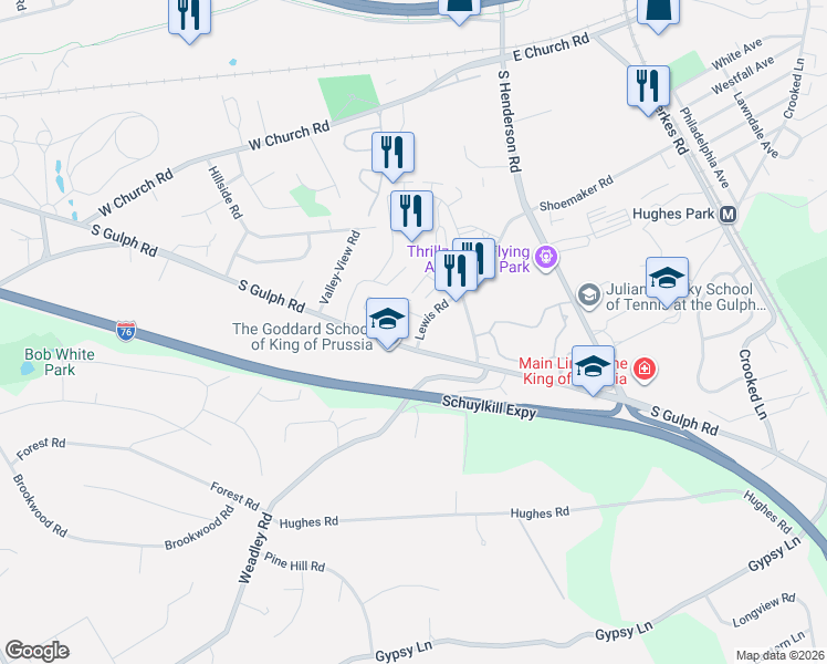 map of restaurants, bars, coffee shops, grocery stores, and more near 580 Lewis Road in King of Prussia