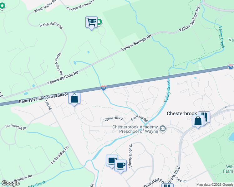 map of restaurants, bars, coffee shops, grocery stores, and more near 212 Washington Place in Chesterbrook