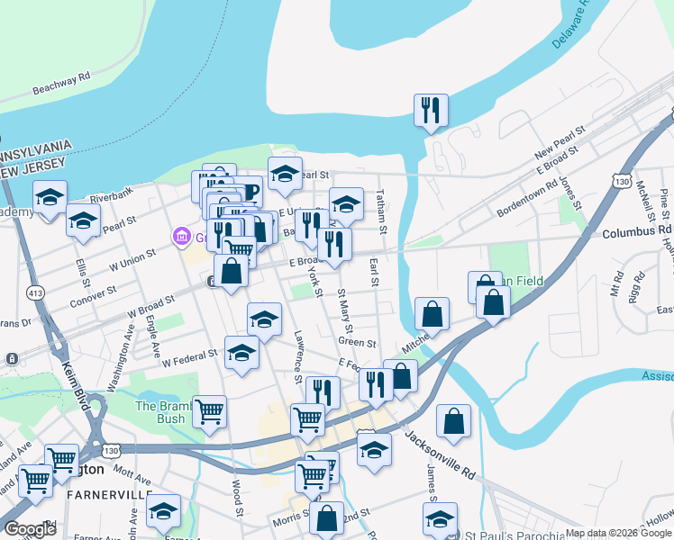 map of restaurants, bars, coffee shops, grocery stores, and more near 412 Saint Mary Street in Burlington