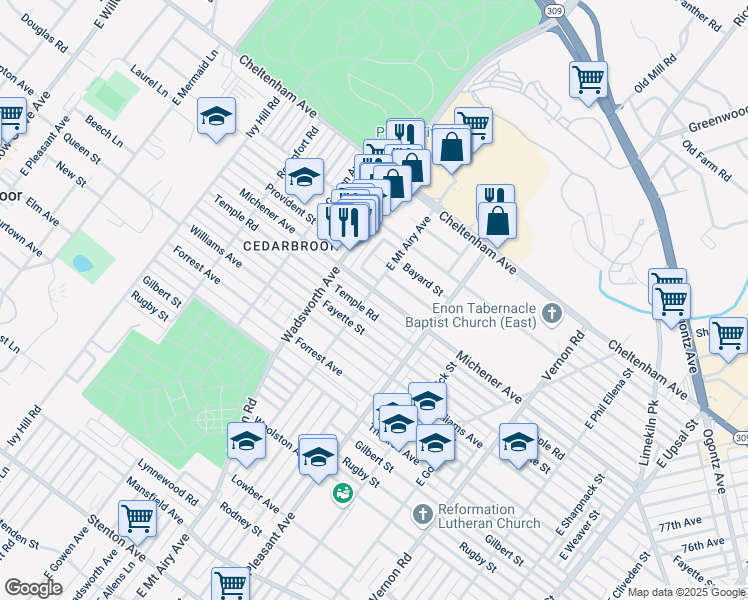 map of restaurants, bars, coffee shops, grocery stores, and more near 1503 East Mount Airy Avenue in Philadelphia
