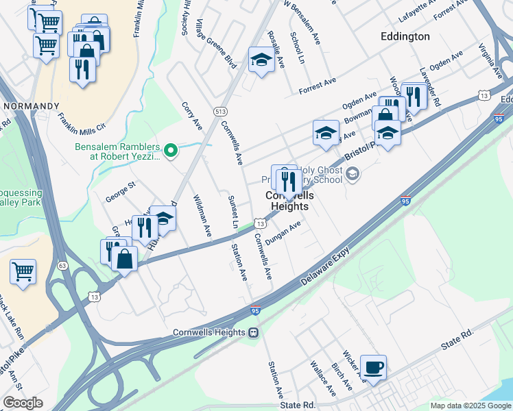 map of restaurants, bars, coffee shops, grocery stores, and more near 1043 Cornwells Avenue in Cornwells Heights