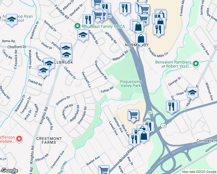 map of restaurants, bars, coffee shops, grocery stores, and more near 11728 Telfair Road in Philadelphia