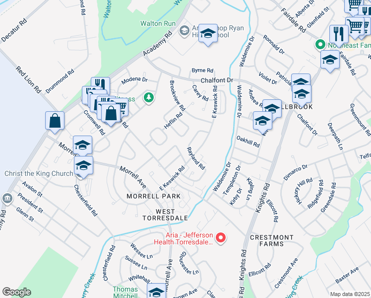 map of restaurants, bars, coffee shops, grocery stores, and more near 10816 Rayland Road in Philadelphia