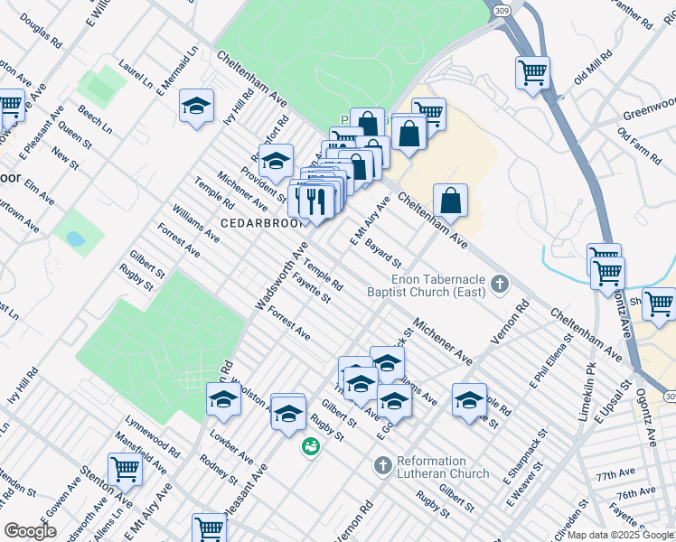 map of restaurants, bars, coffee shops, grocery stores, and more near 1503 East Mount Airy Avenue in Philadelphia