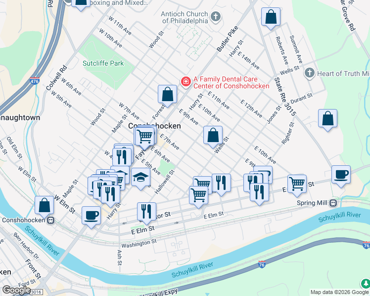 map of restaurants, bars, coffee shops, grocery stores, and more near 135 East 8th Avenue in Conshohocken