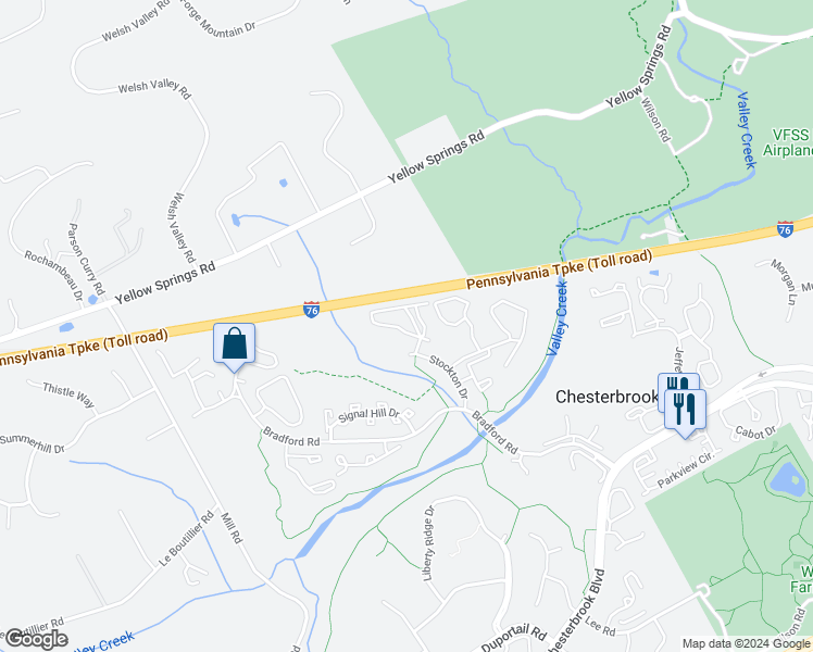 map of restaurants, bars, coffee shops, grocery stores, and more near 1432 Washington Place in Chesterbrook