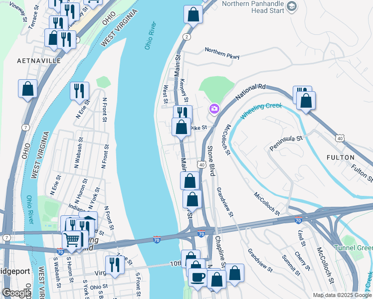 map of restaurants, bars, coffee shops, grocery stores, and more near 441 Main Street in Wheeling