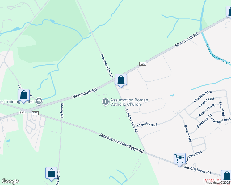 map of restaurants, bars, coffee shops, grocery stores, and more near 90 Province Line Road in Wrightstown