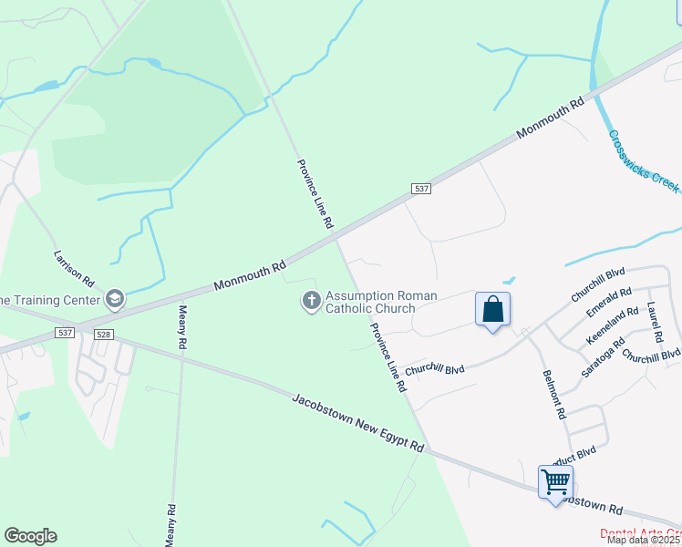 map of restaurants, bars, coffee shops, grocery stores, and more near 90 Province Line Road in Wrightstown