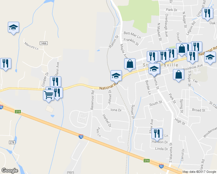 map of restaurants, bars, coffee shops, grocery stores, and more near 225 West Main Street in St. Clairsville