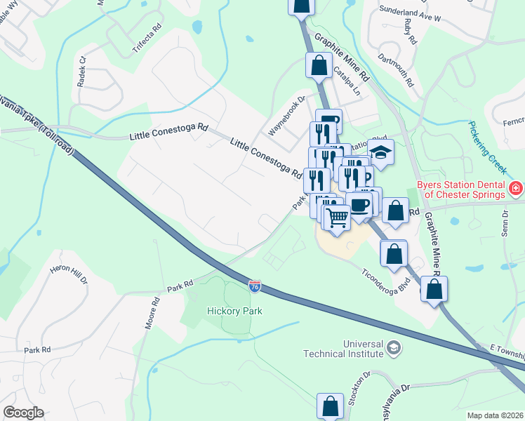 map of restaurants, bars, coffee shops, grocery stores, and more near 3 Cambridge Road in Downingtown