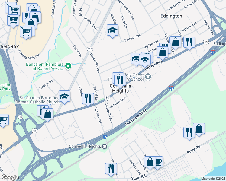 map of restaurants, bars, coffee shops, grocery stores, and more near 2218 Bristol Pike in Bensalem