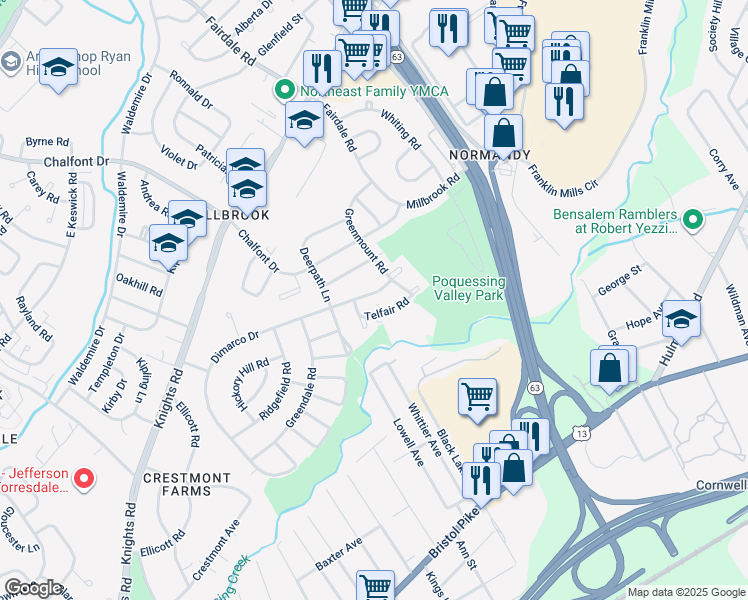 map of restaurants, bars, coffee shops, grocery stores, and more near 11731 Dimarco Drive in Philadelphia