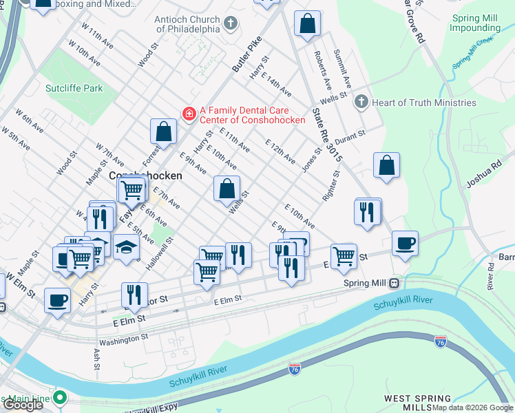 map of restaurants, bars, coffee shops, grocery stores, and more near 325 East 10th Avenue in Conshohocken