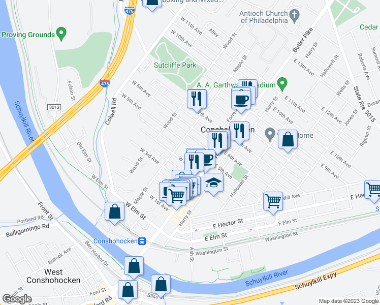 map of restaurants, bars, coffee shops, grocery stores, and more near 125 West 5th Avenue in Conshohocken