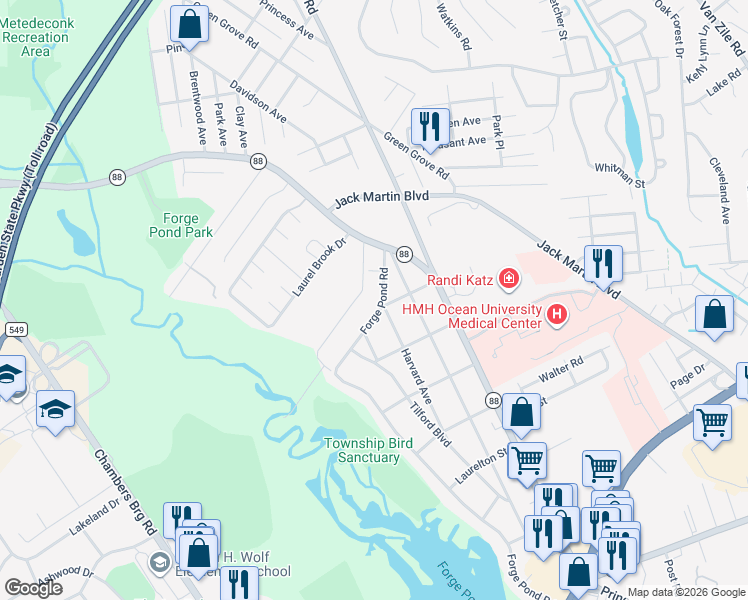 map of restaurants, bars, coffee shops, grocery stores, and more near 1554 Forge Pond Road in Brick Township