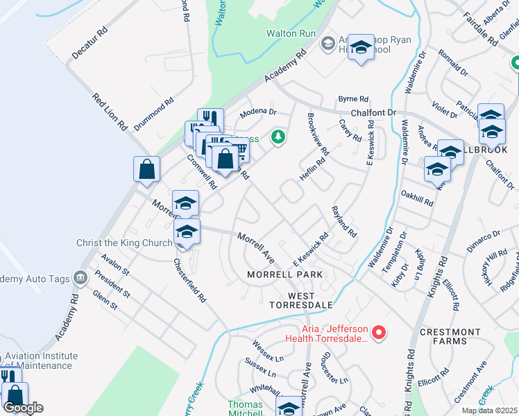 map of restaurants, bars, coffee shops, grocery stores, and more near 3327 Elliston Circle in Philadelphia