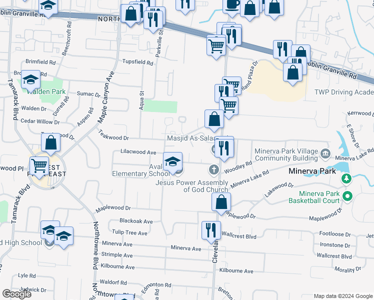 map of restaurants, bars, coffee shops, grocery stores, and more near 5295 Blackgum Place in Columbus