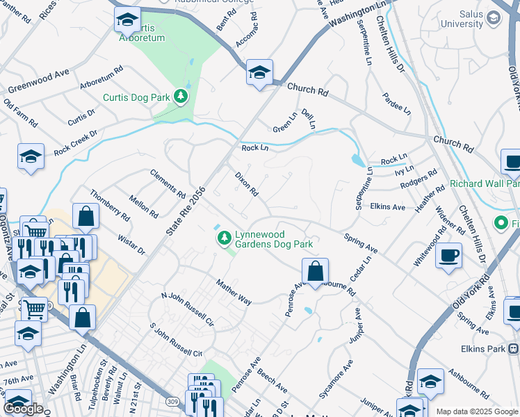map of restaurants, bars, coffee shops, grocery stores, and more near 1002 Dixon Road in Elkins Park