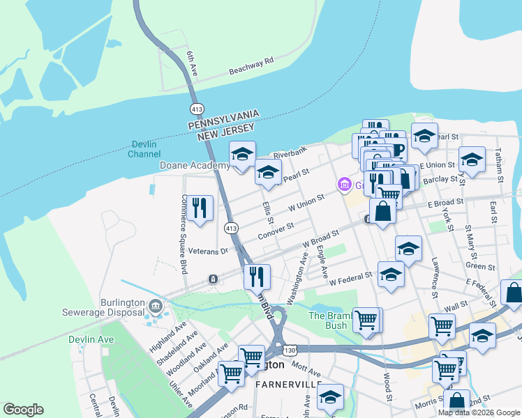 map of restaurants, bars, coffee shops, grocery stores, and more near 319 Brown Street in Burlington