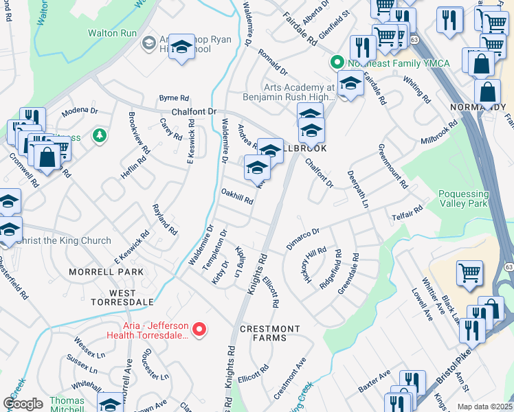 map of restaurants, bars, coffee shops, grocery stores, and more near 11009 Kipling Lane in Philadelphia