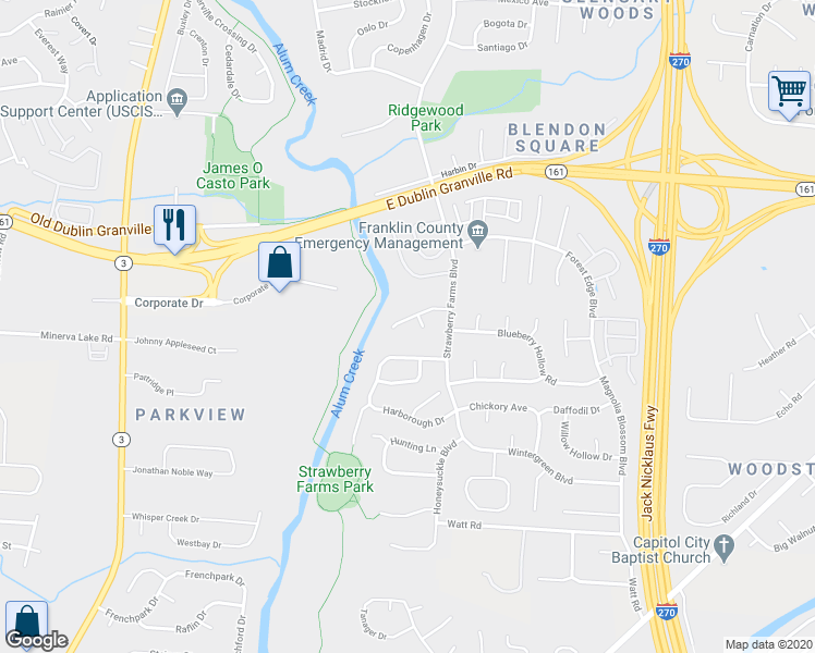 map of restaurants, bars, coffee shops, grocery stores, and more near 3731 Canon Ridge Place in Columbus